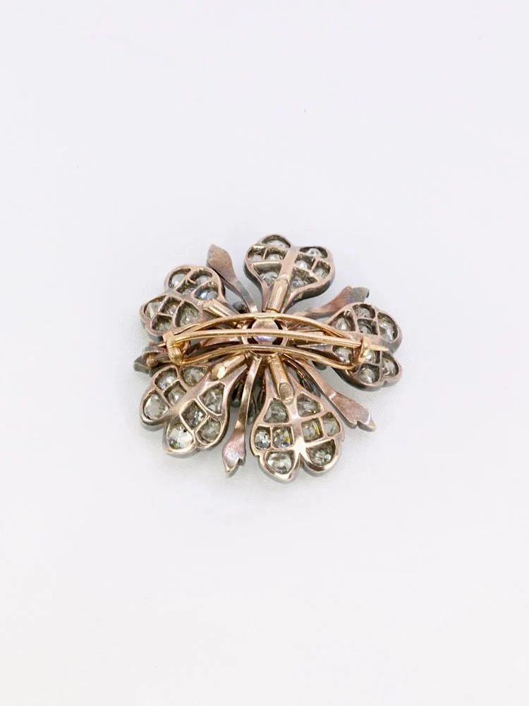 Broche ancienne fleur or argent diamants taille ancienne - Image 5