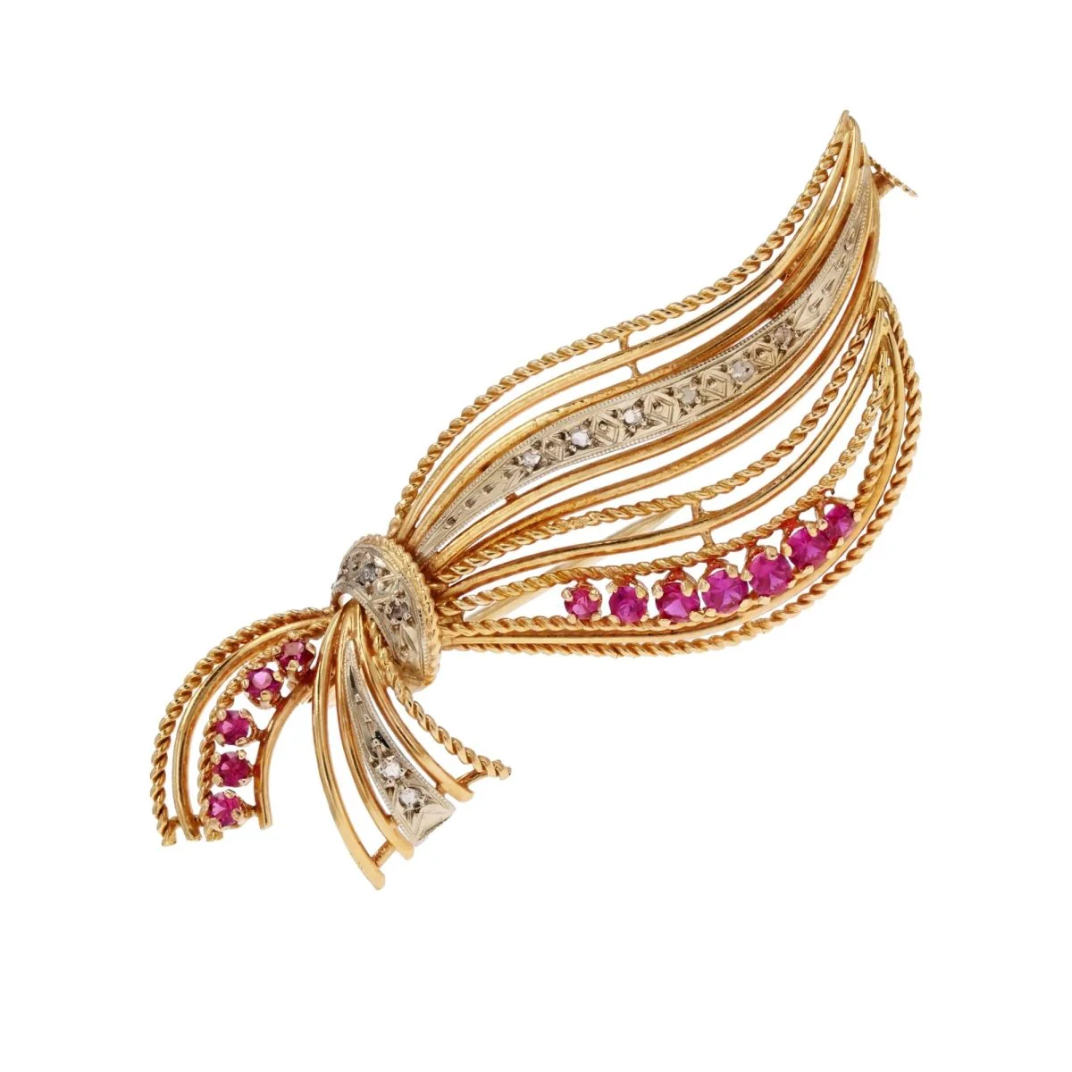 Broche Épingle en or jaune, rubis et diamants
