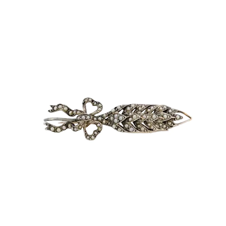 Broche ancienne épi de blé en or, argent et perles fines