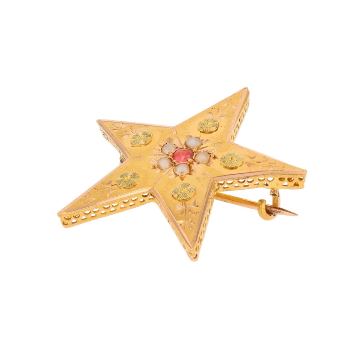 Broche Épingle en or rose, or vert, perle et grenat - Image 3