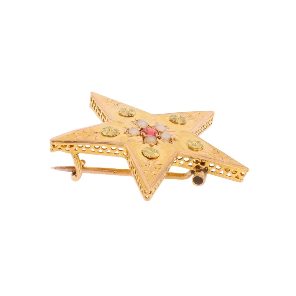 Broche Épingle en or rose, or vert, perle et grenat - Image 4
