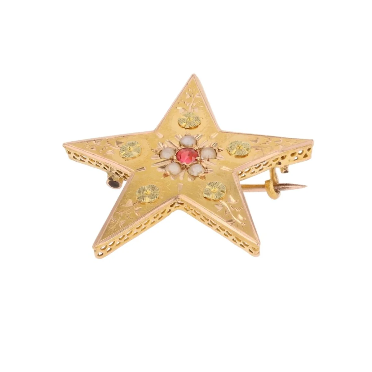 Broche Épingle en or rose, or vert, perle et grenat - Image 6