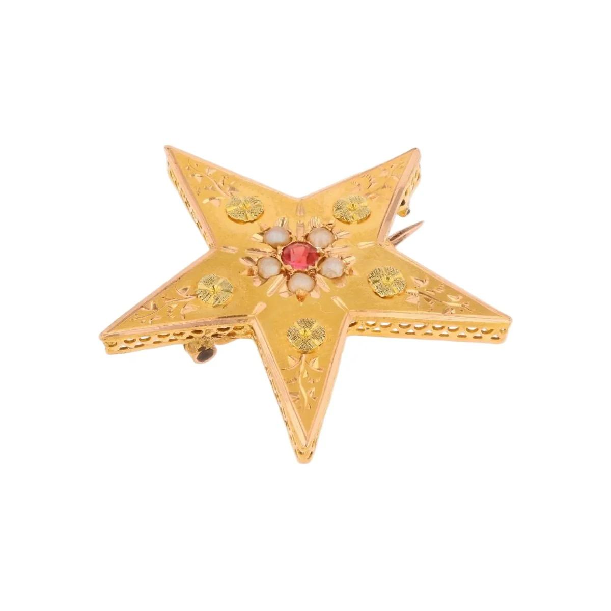 Broche Épingle en or rose, or vert, perle et grenat - Image 7