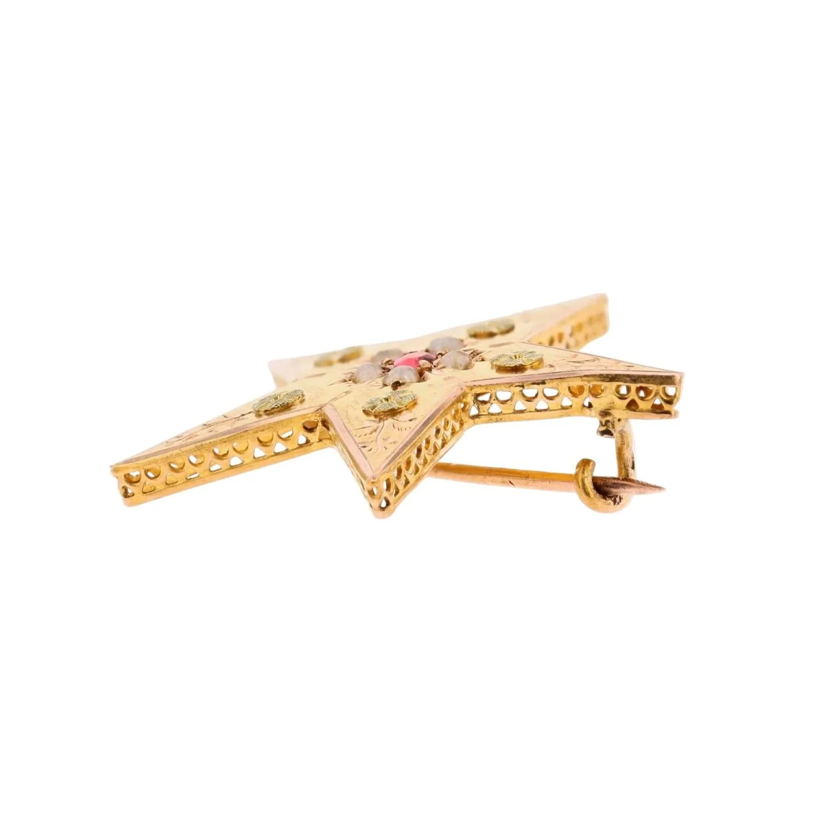 Broche Épingle en or rose, or vert, perle et grenat - Image 8