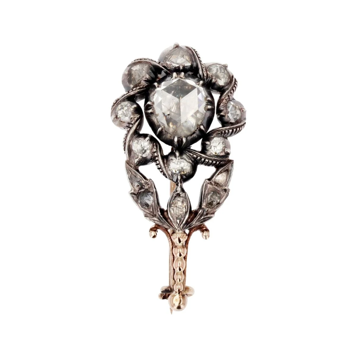 Broche en or rose, argent et diamants