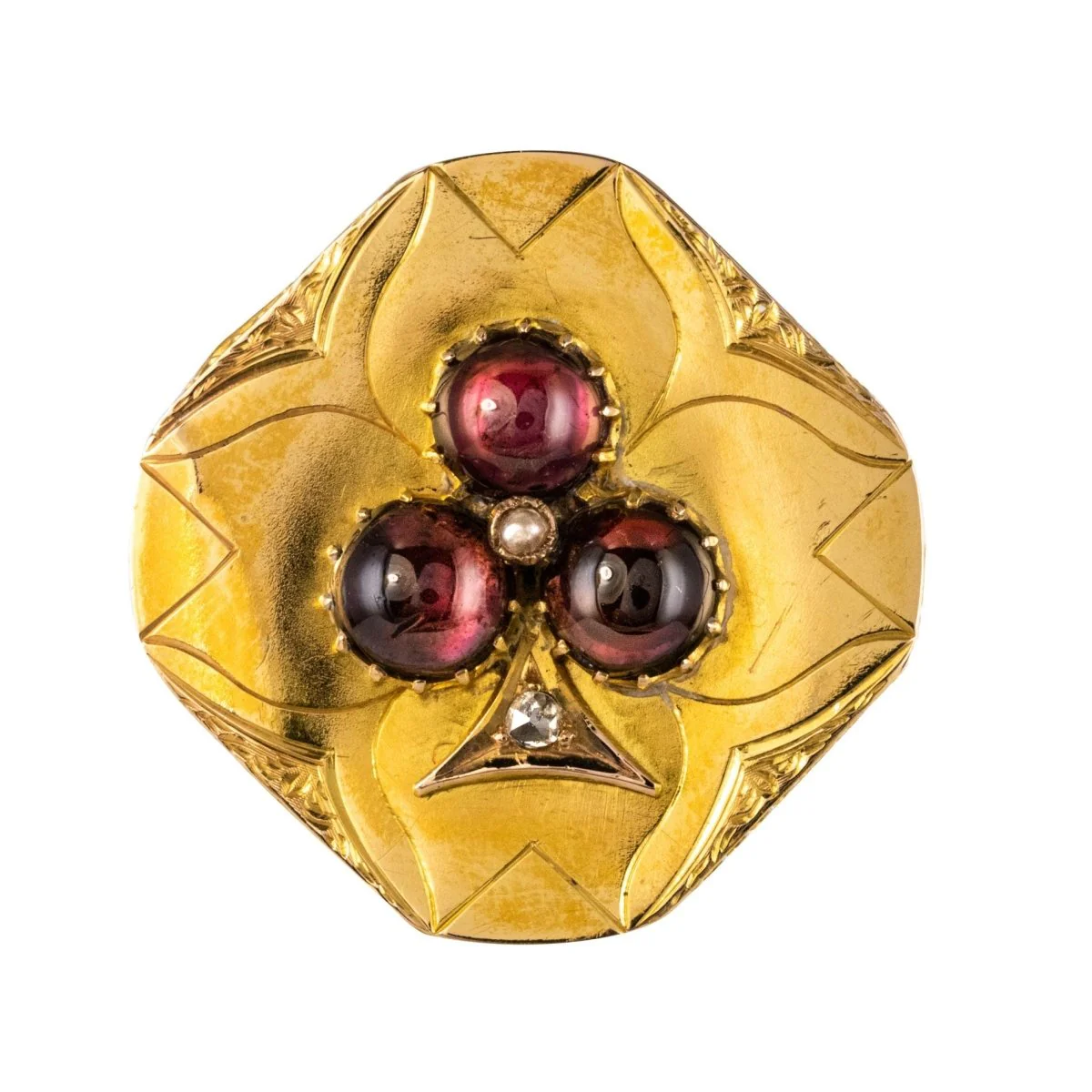 Broche Épingle en or jaune, grenats, perle et diamant