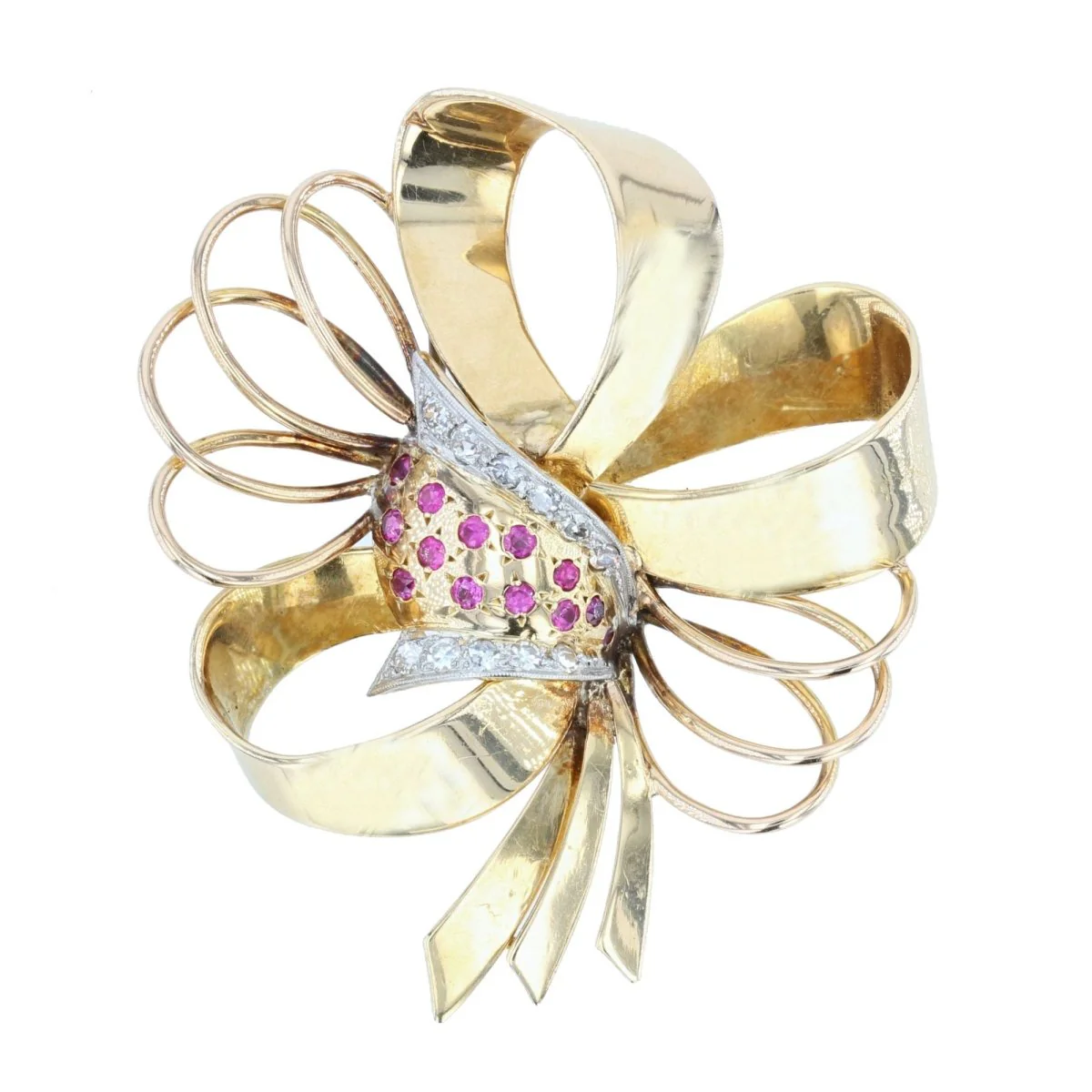 Broche Épingle en or jaune, rubis et diamants