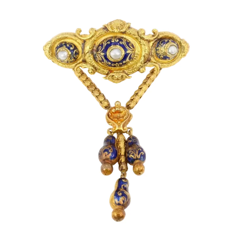 Broche ancienne Napoléon III or perles émail bleu