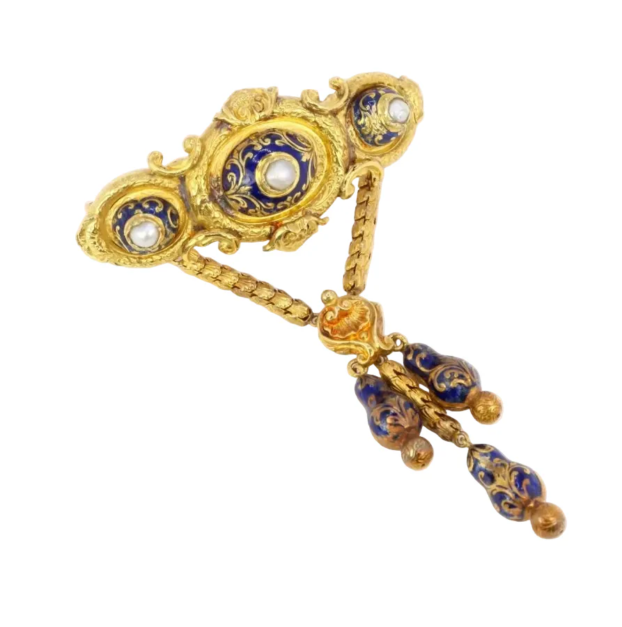 Broche ancienne Napoléon III or perles émail bleu - Image 3