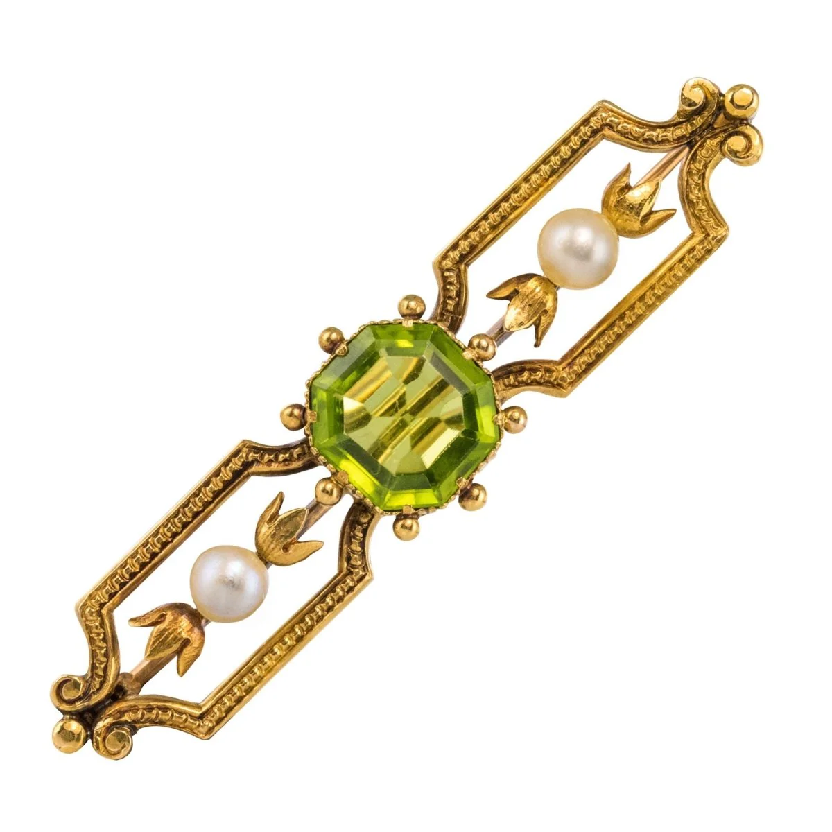 Broche Épingle en or jaune, péridot et perles