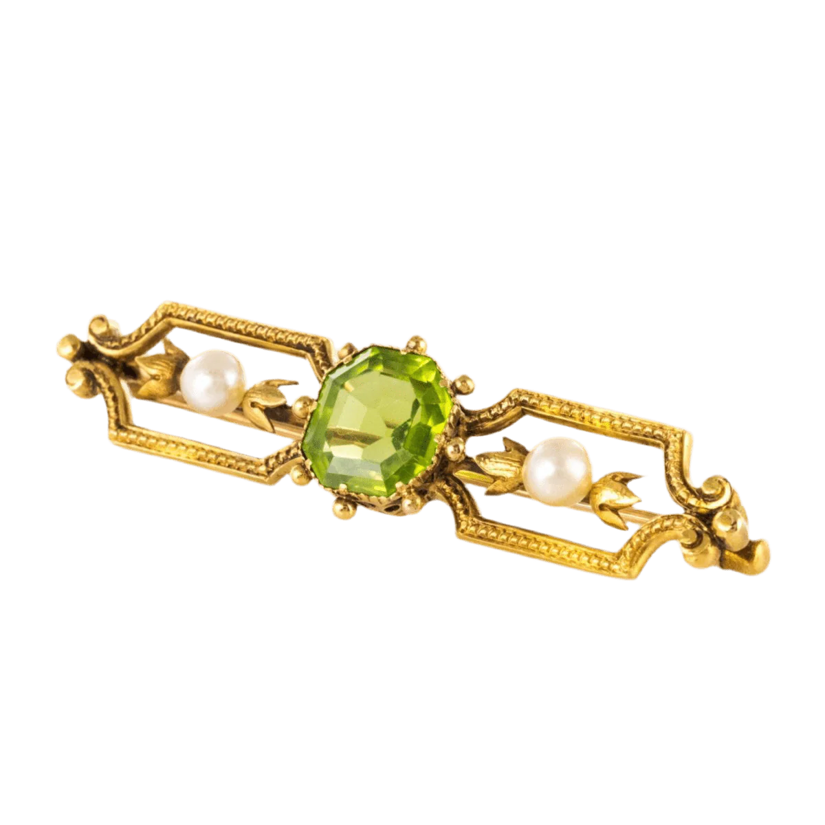 Broche Épingle en or jaune, péridot et perles - Image 3