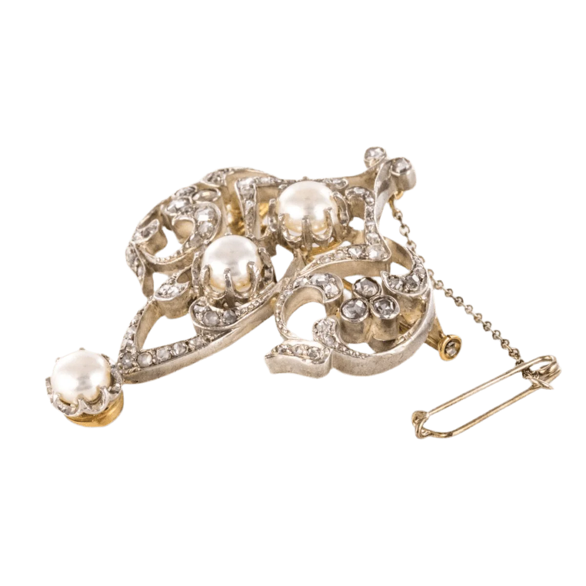 Broche Épingle en or jaune, argent, perles et diamants - Image 3