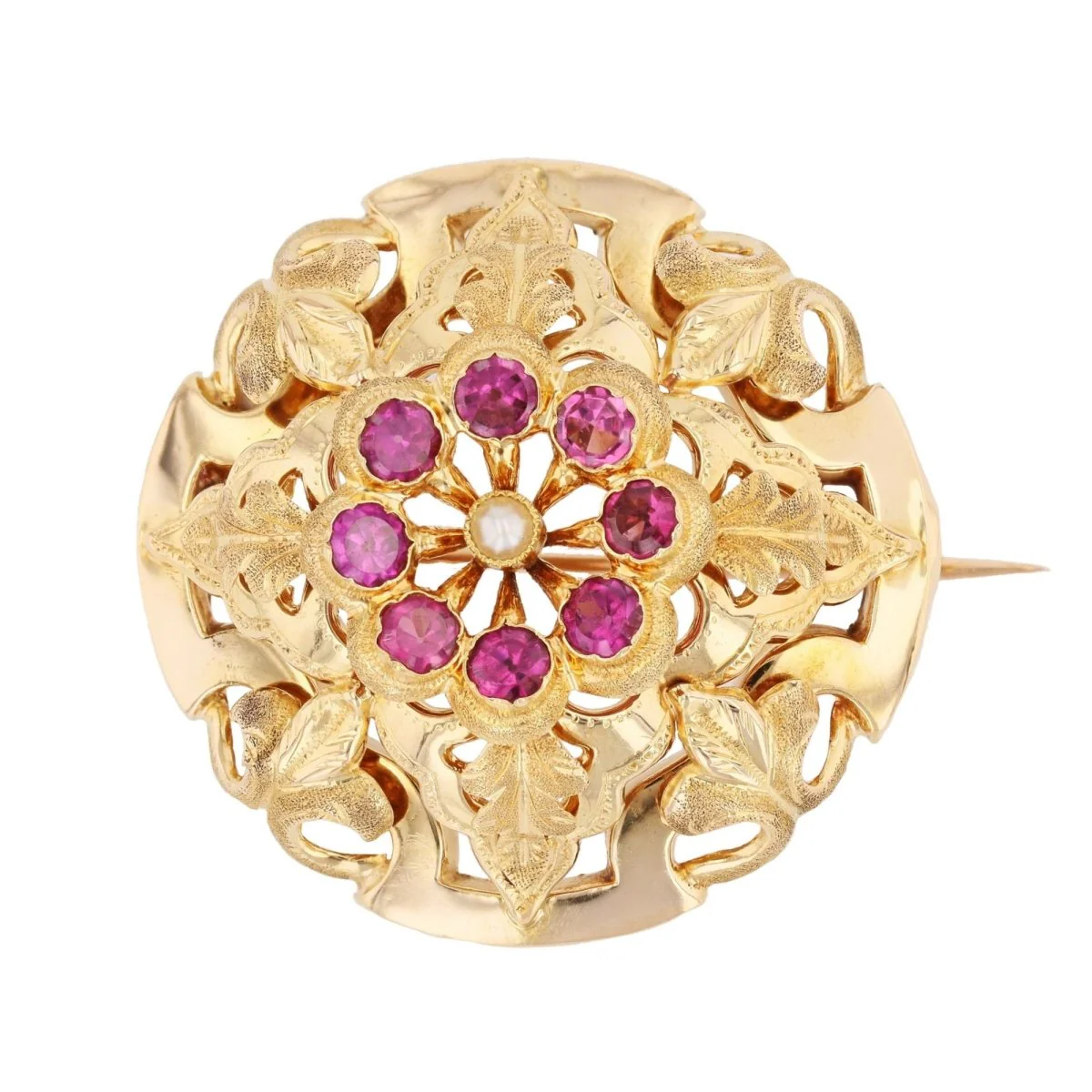 Broche Épingle en or jaune, grenats et perle