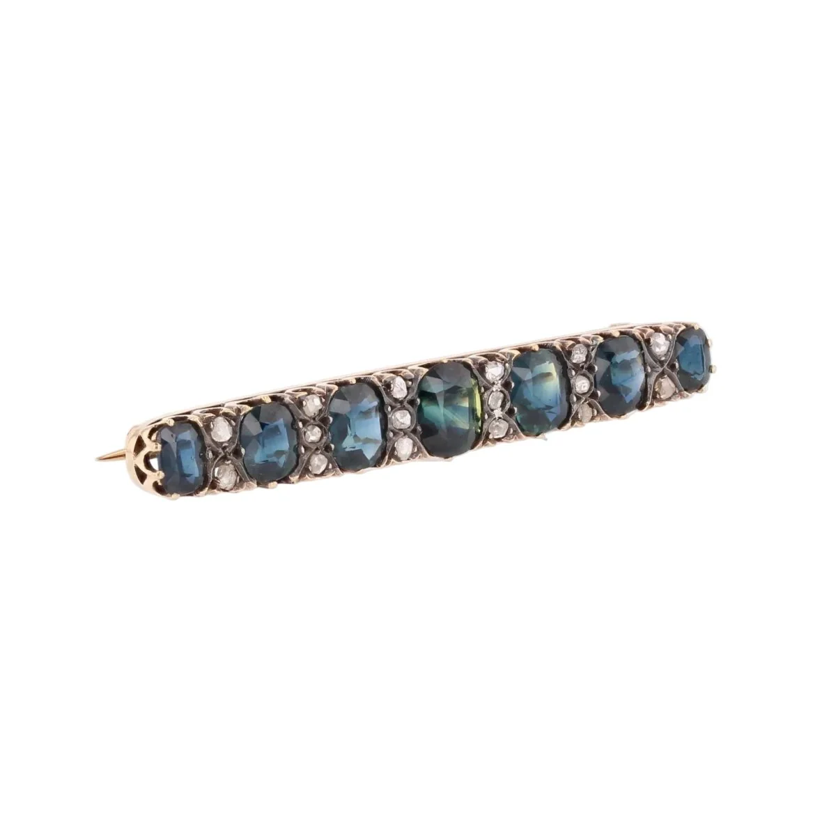 Broche Barrette en or jaune, argent, saphirs et diamants