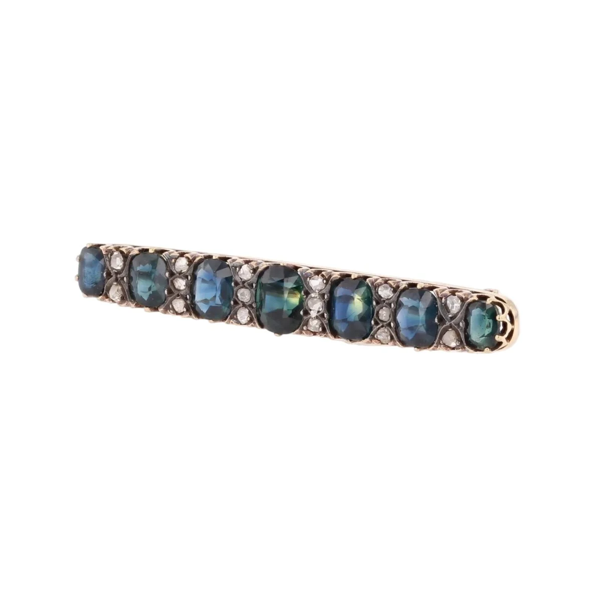 Broche Barrette en or jaune, argent, saphirs et diamants - Image 3