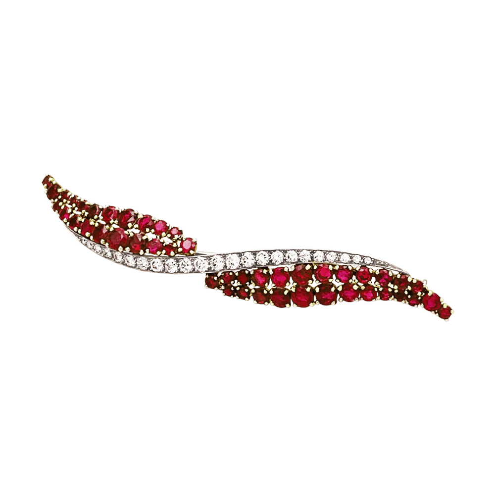 Broche Barrette en or jaune, platine, rubis et diamants