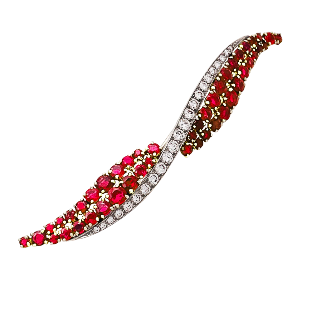 Broche Barrette en or jaune, platine, rubis et diamants - Image 3