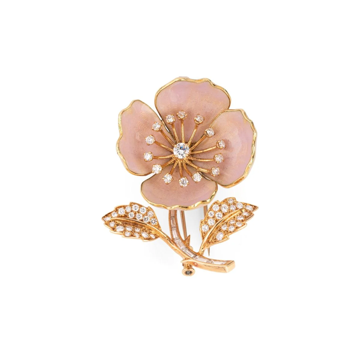 Broche BOUCHERON "Eglantine" en or jaune, émail rose et diamants