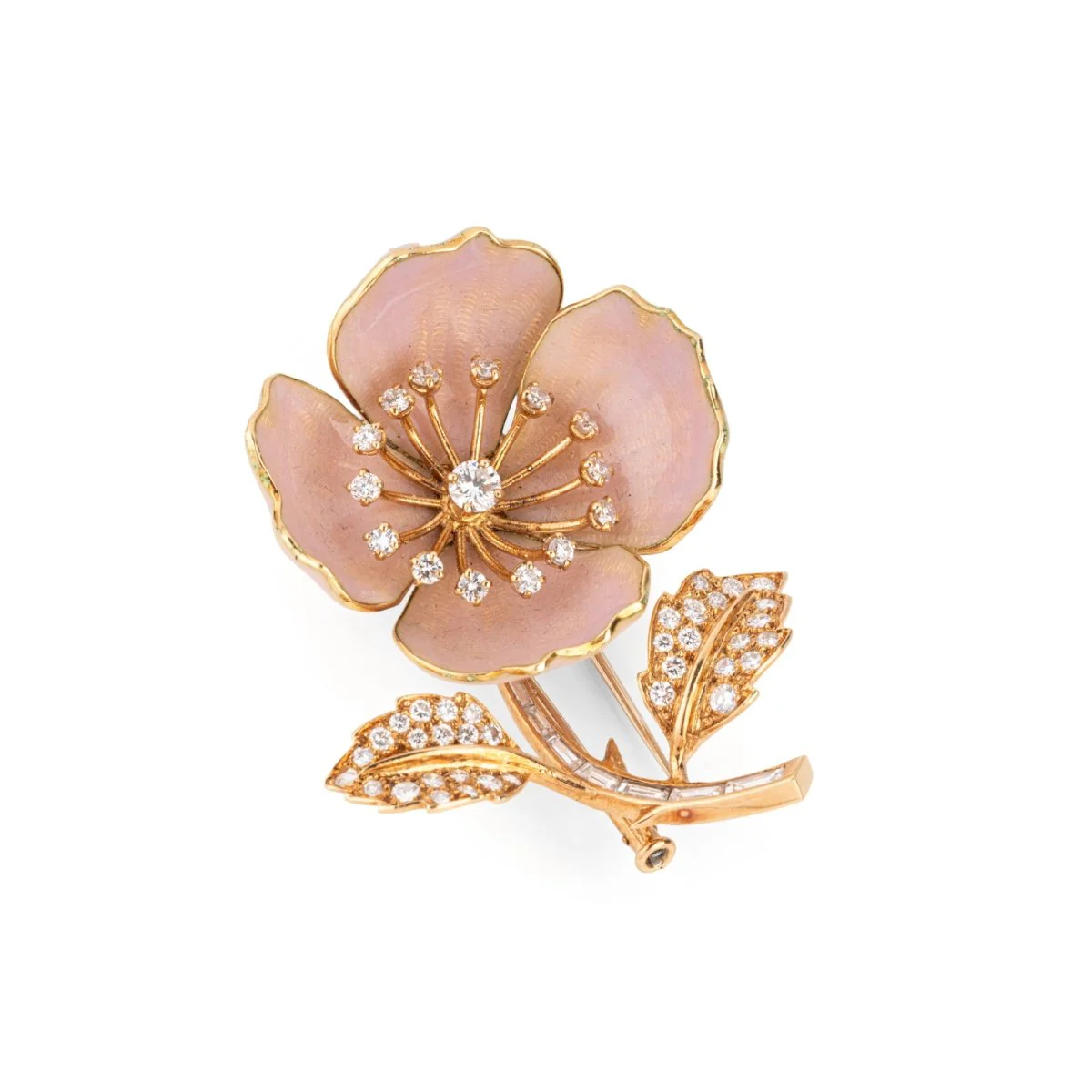 Broche BOUCHERON "Eglantine" en or jaune, émail rose et diamants - Image 2