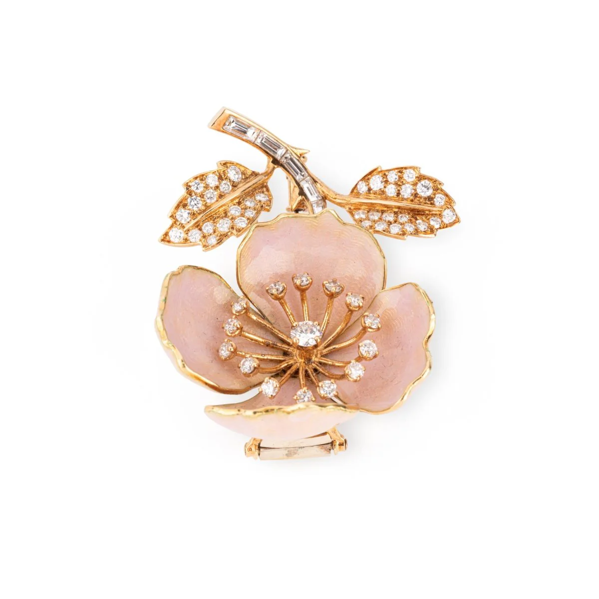 Broche BOUCHERON "Eglantine" en or jaune, émail rose et diamants - Image 3