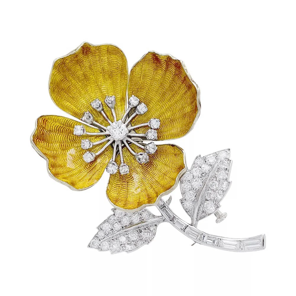 Broche BOUCHERON "Eglantine" en or blanc, platine, émail et diamants - Image 3