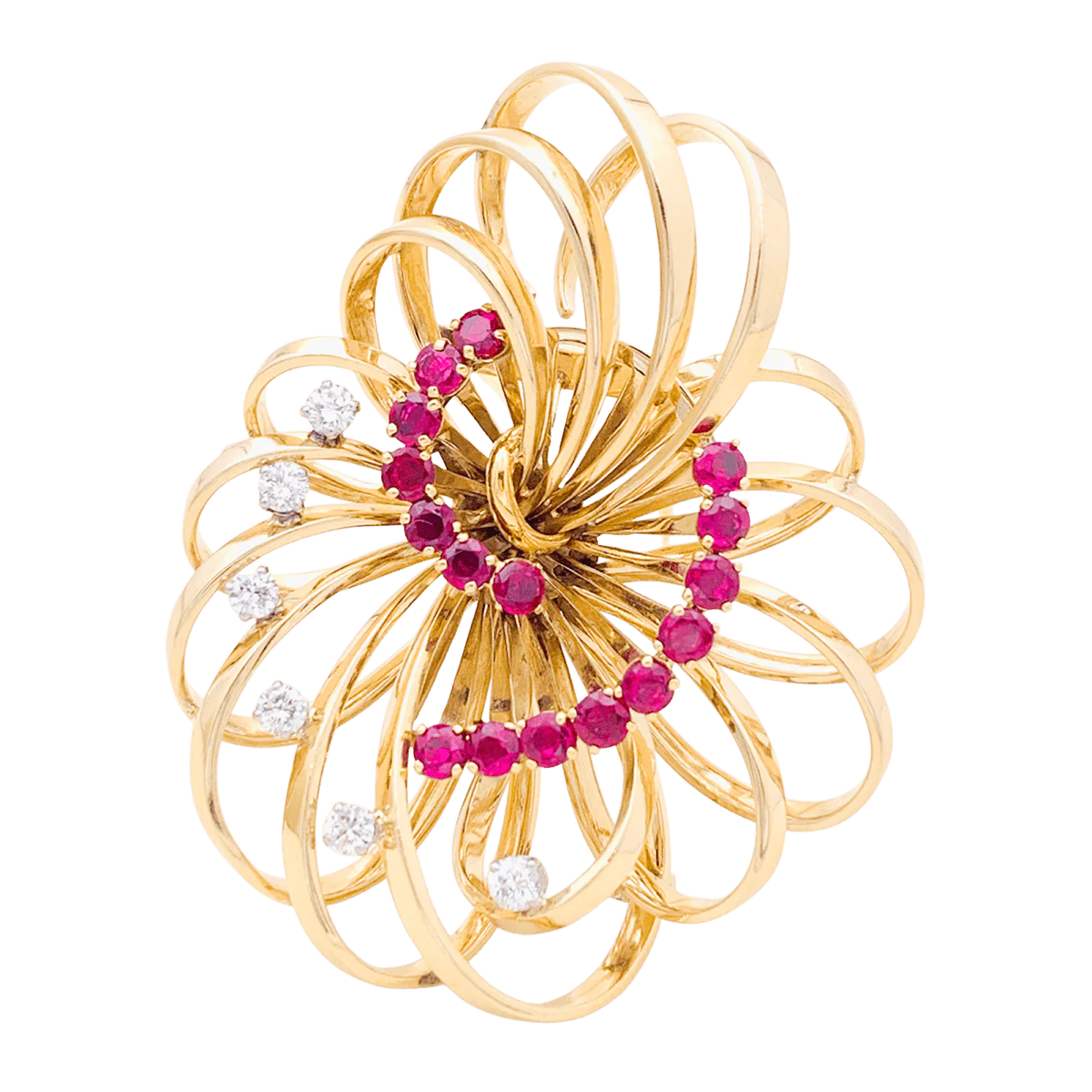 Broche BOUCHERON en or jaune, platine, rubis et diamants.