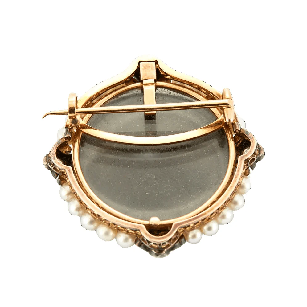 Broche Camée en or jaune, argent, calcédoine, perles et diamants - Image 3