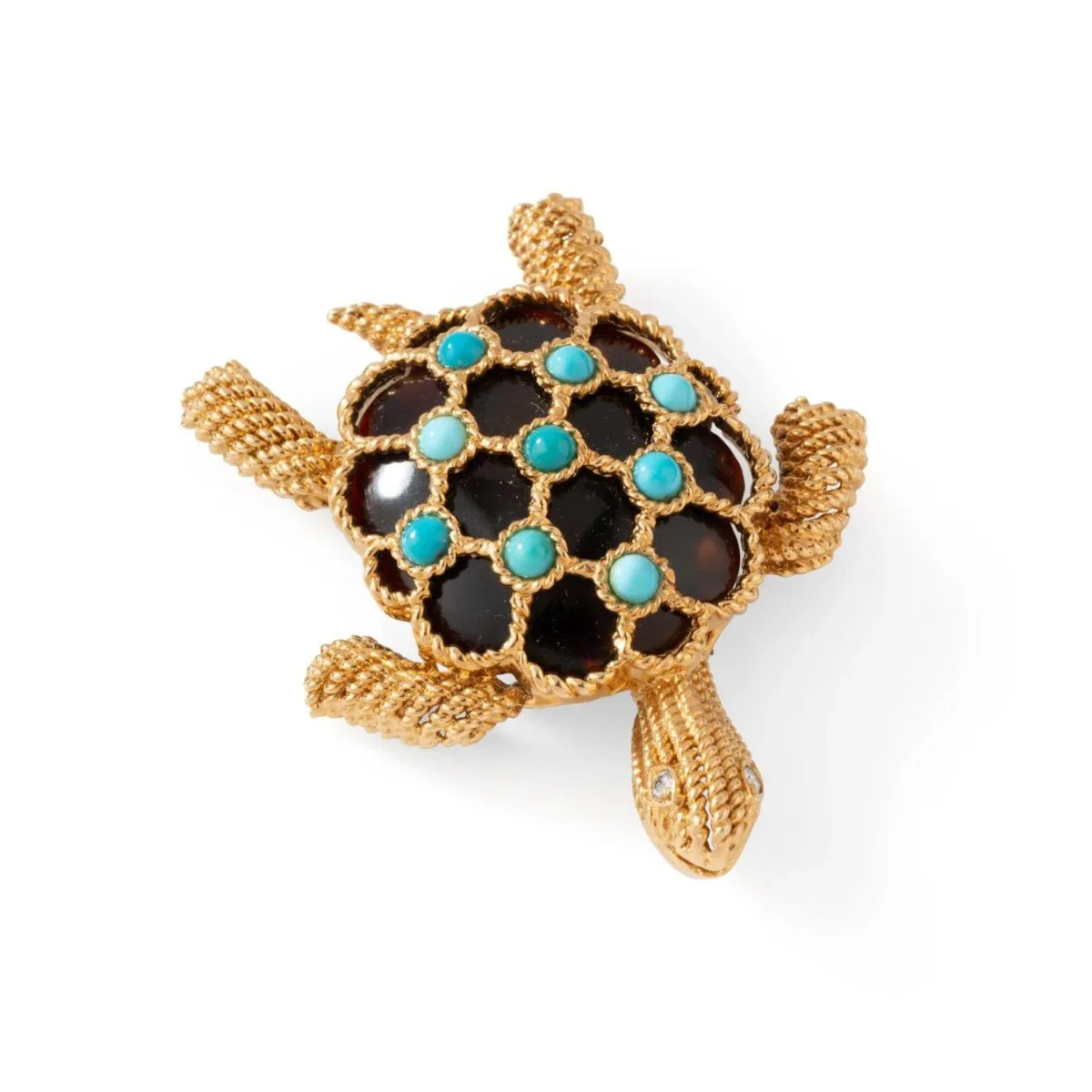 Broche Clip BOUCHERON Tortue en or jaune, turquoises et diamants