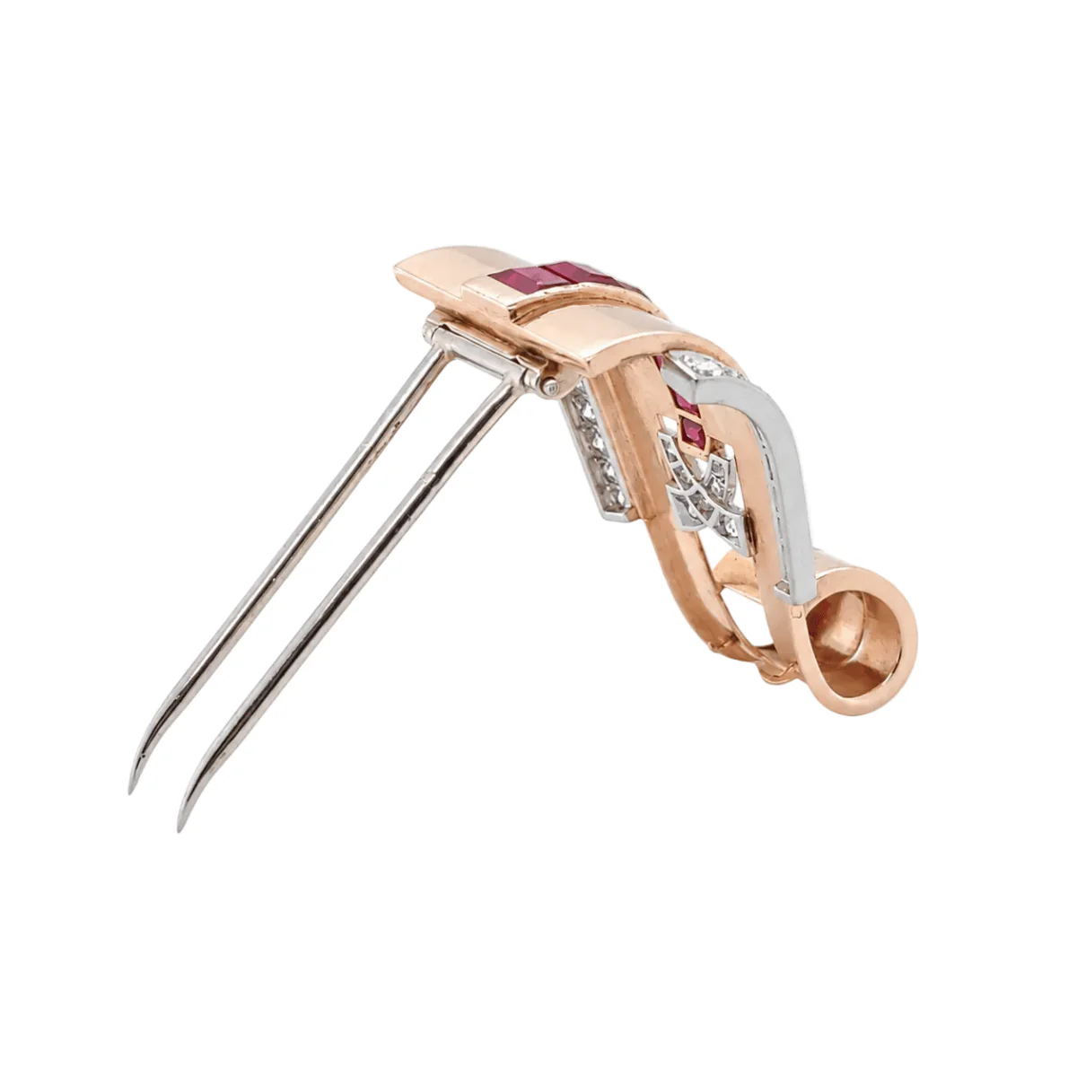 Broche Clip en or blanc, or rose, rubis et diamants - Image 3