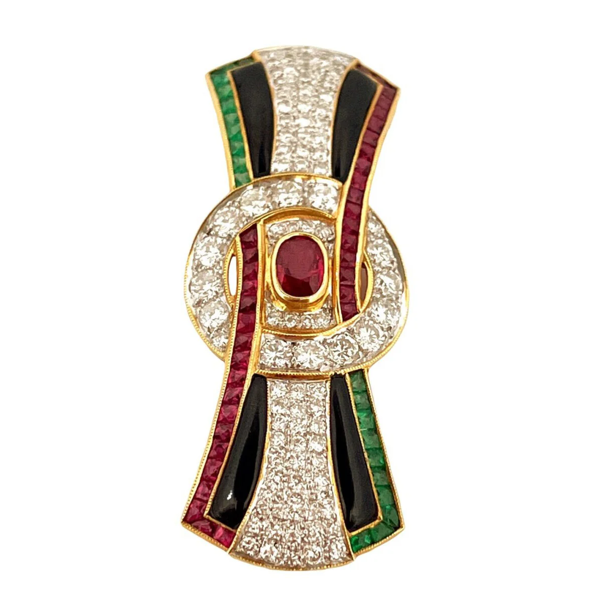 Broche Clip en or jaune et en rubis, émeraudes, onyx et diamants