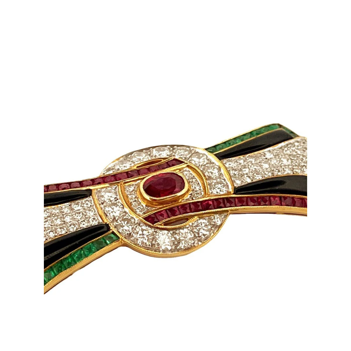 Broche Clip en or jaune et en rubis, émeraudes, onyx et diamants - Image 2