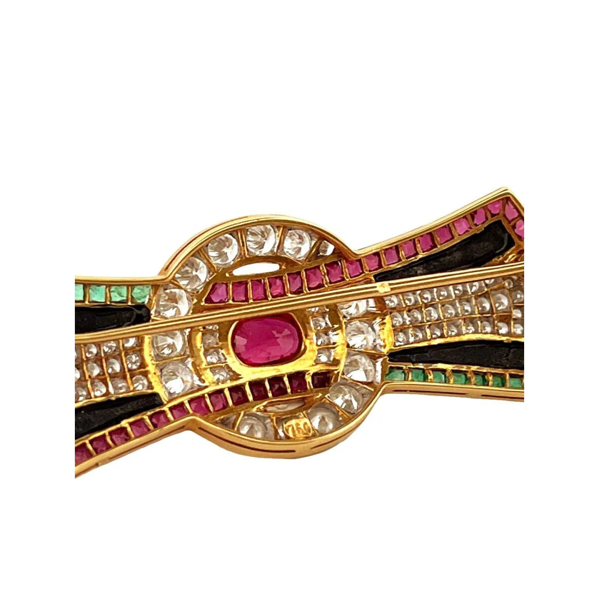 Broche Clip en or jaune et en rubis, émeraudes, onyx et diamants - Image 3