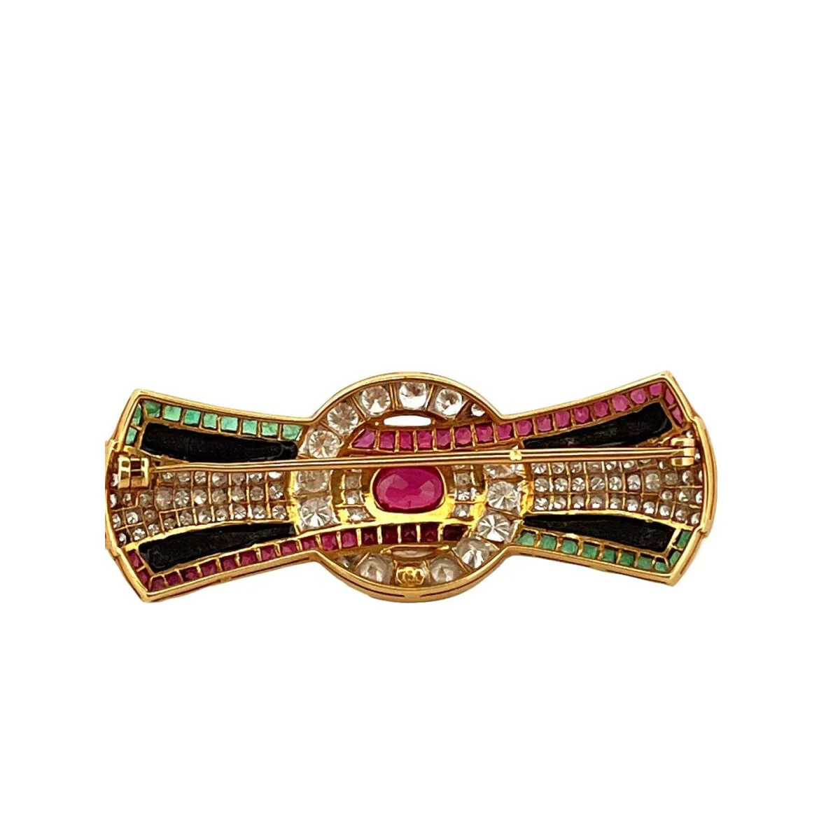 Broche Clip en or jaune et en rubis, émeraudes, onyx et diamants - Image 4