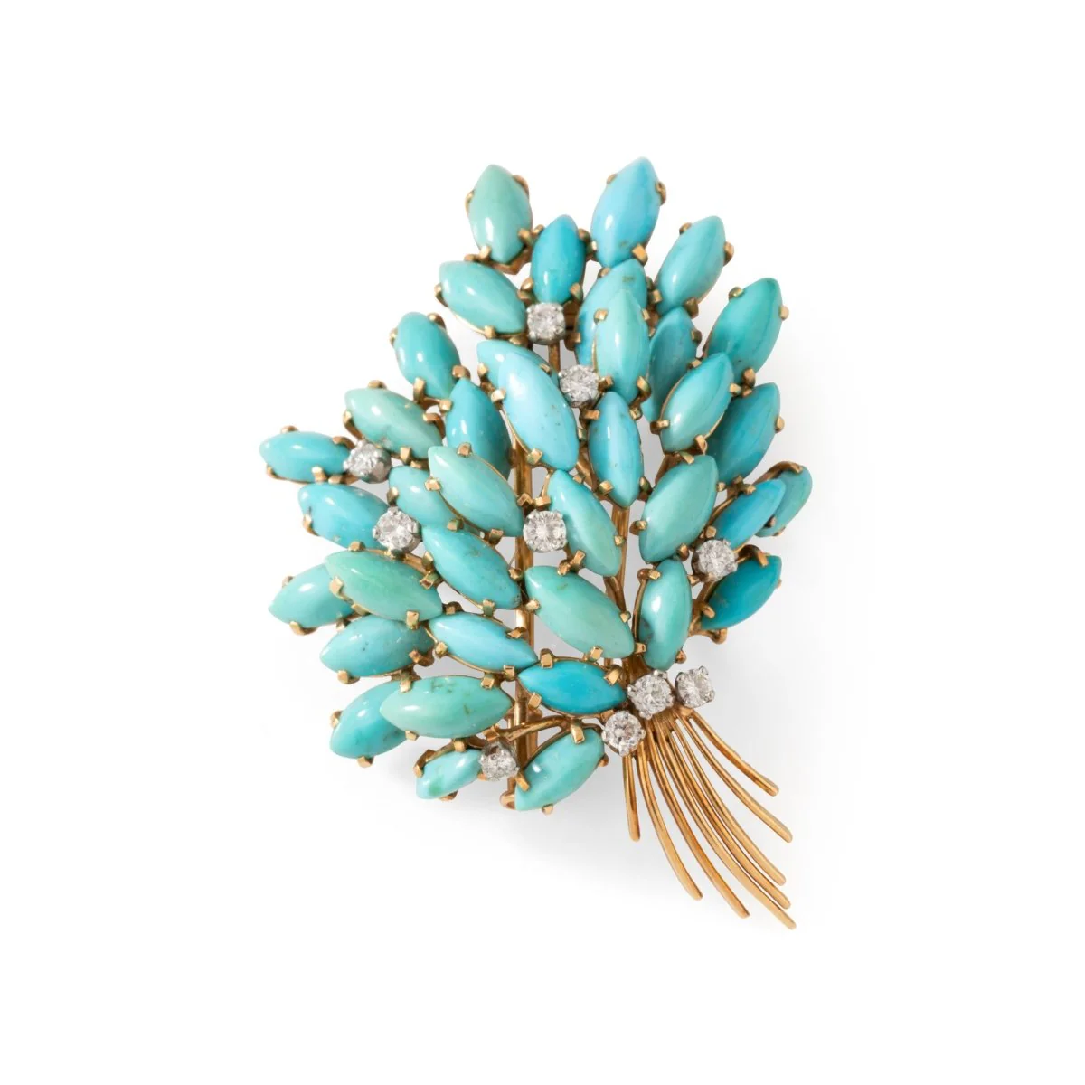 Broche Clip Feuillage en or jaune, turquoises et diamants