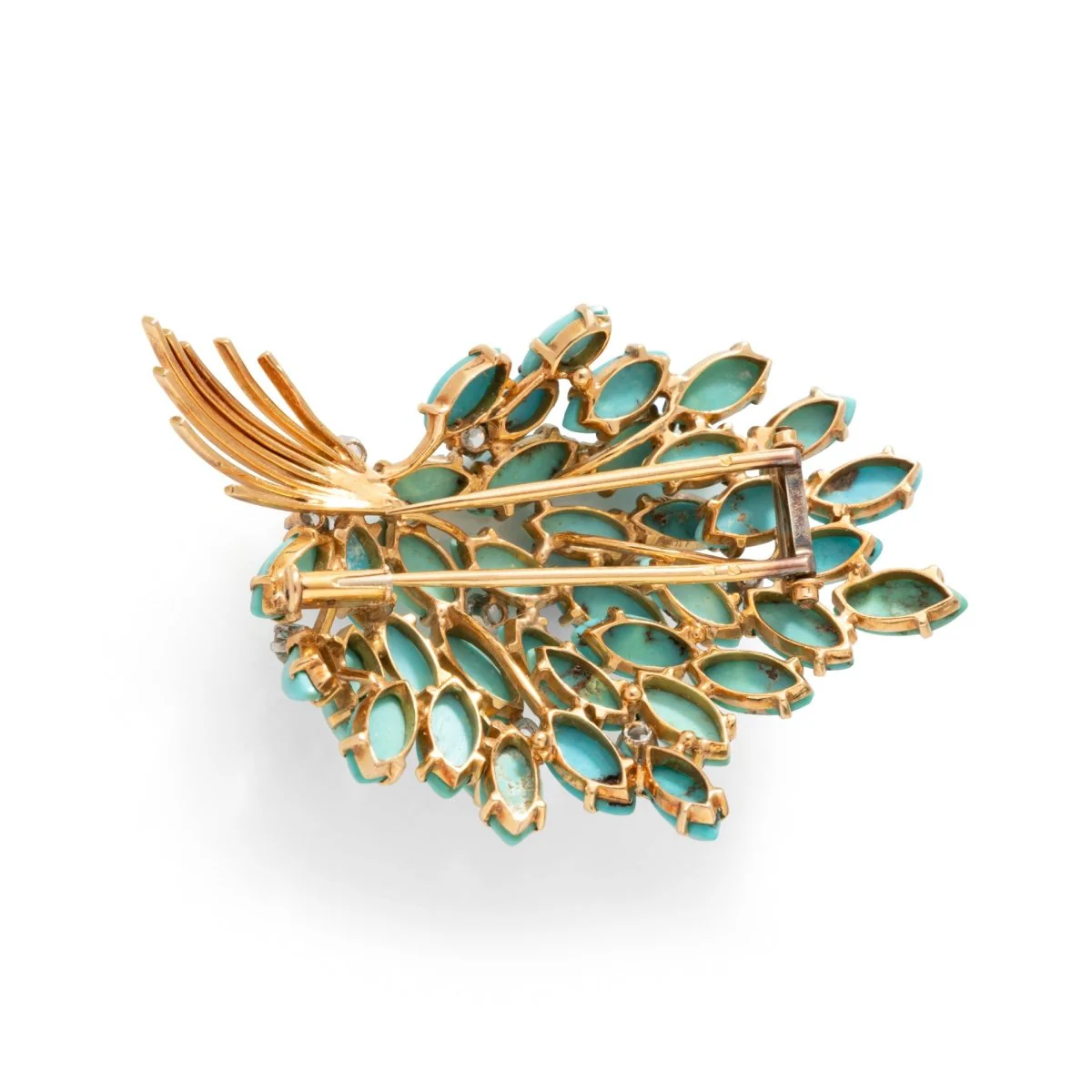 Broche Clip Feuillage en or jaune, turquoises et diamants - Image 4