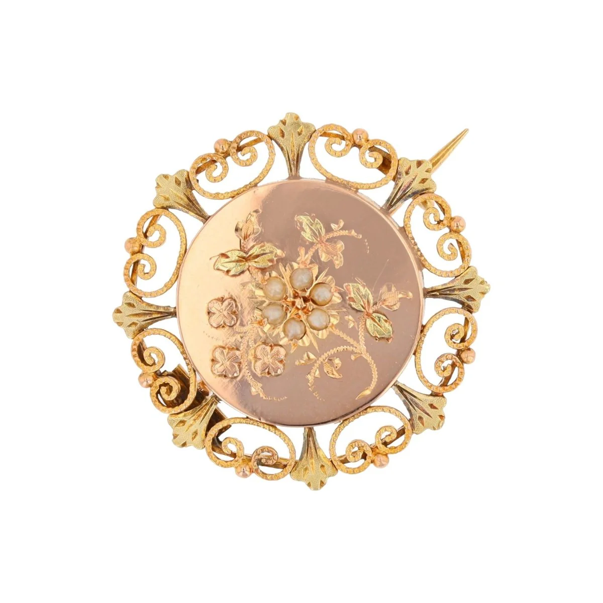 Broche Épingle en or rose, or vert et perles