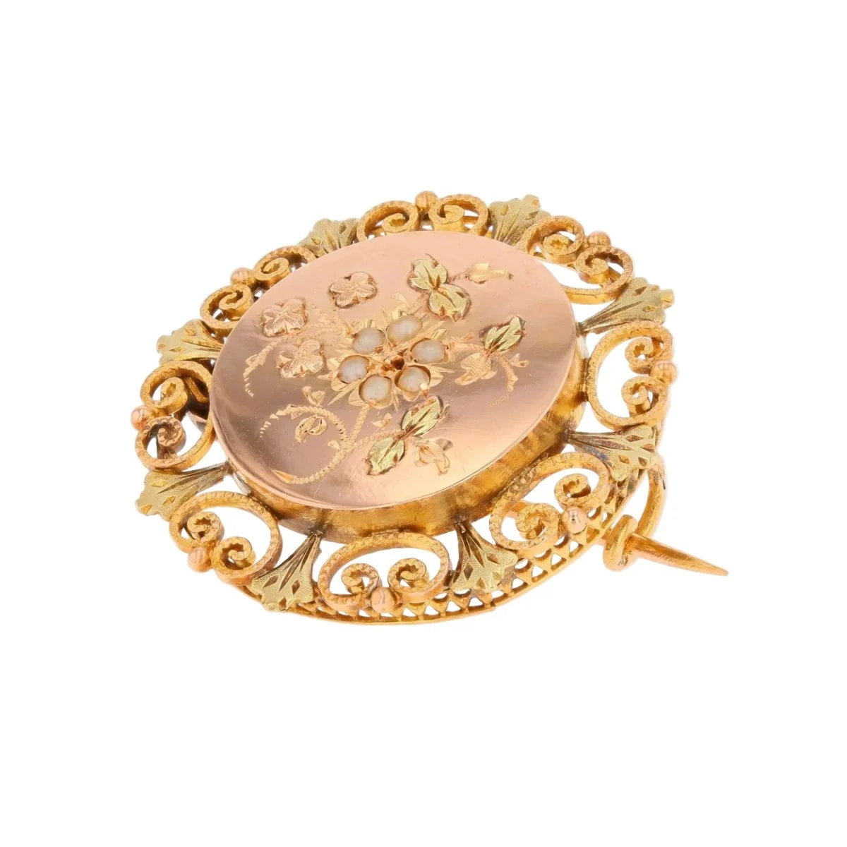 Broche Épingle en or rose, or vert et perles - Image 3