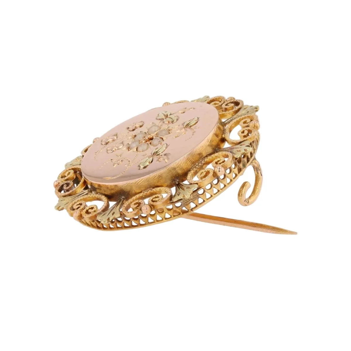 Broche Épingle en or rose, or vert et perles - Image 5