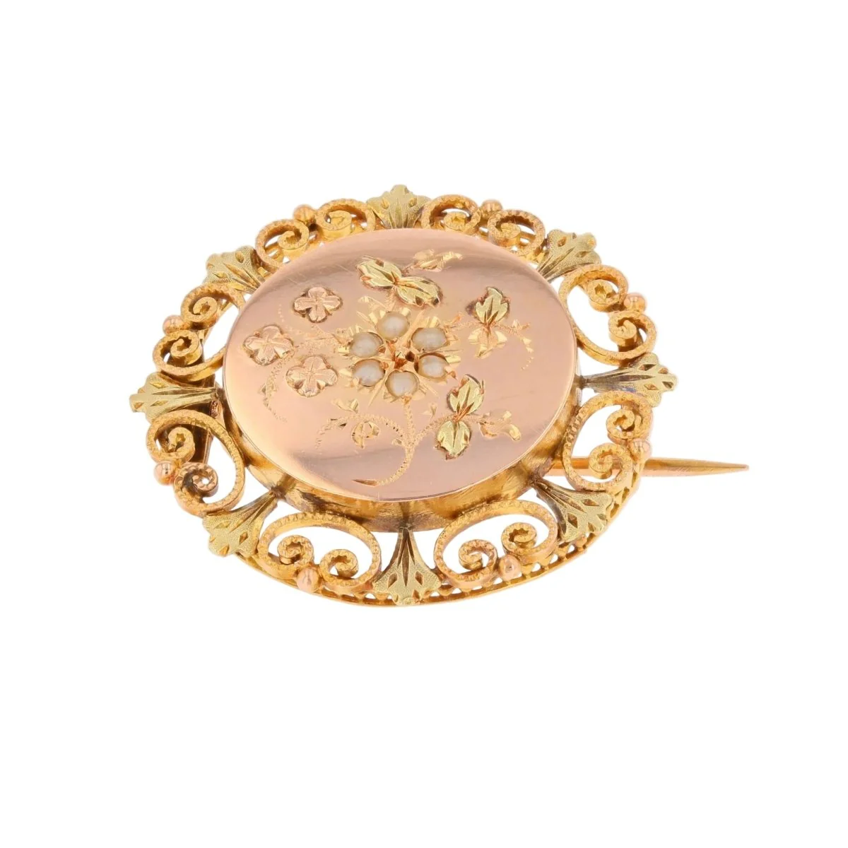 Broche Épingle en or rose, or vert et perles - Image 6
