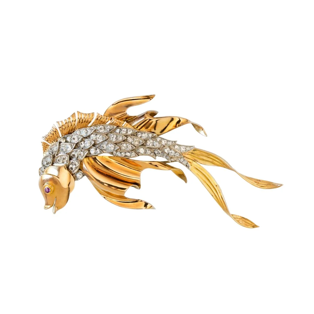 Broche DUSAUSOY "Poisson" en or jaune, platine, rubis et diamants