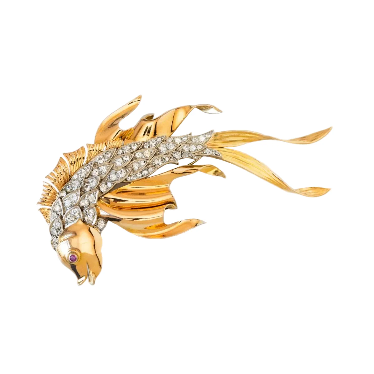 Broche DUSAUSOY "Poisson" en or jaune, platine, rubis et diamants - Image 2