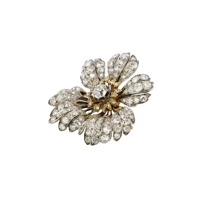 Broche fleur ancienne or argent diamants taille ancienne - Image 3