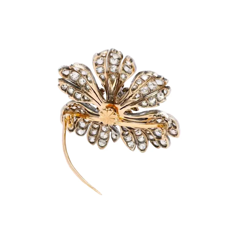 Broche fleur ancienne or argent diamants taille ancienne - Image 5
