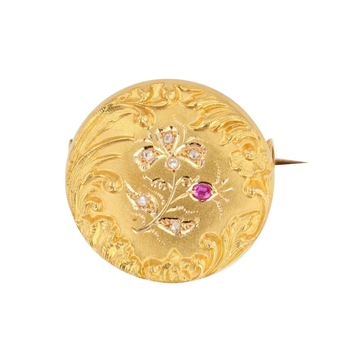 Broche Épingle en or jaune, rubis et diamants