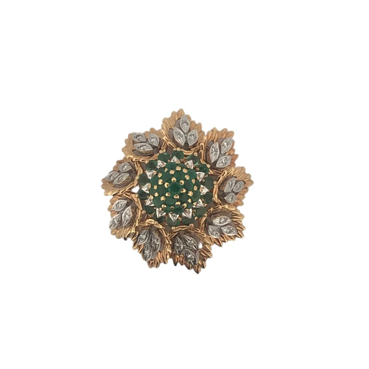 Broche en or jaune, diamants et émeraudes
