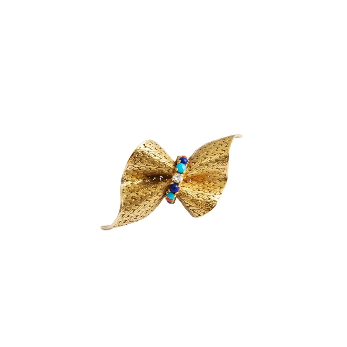 Broche Épingle HERMÈS "Noeud" en or jaune, lapis lazuli, turquoises, corail et diamant