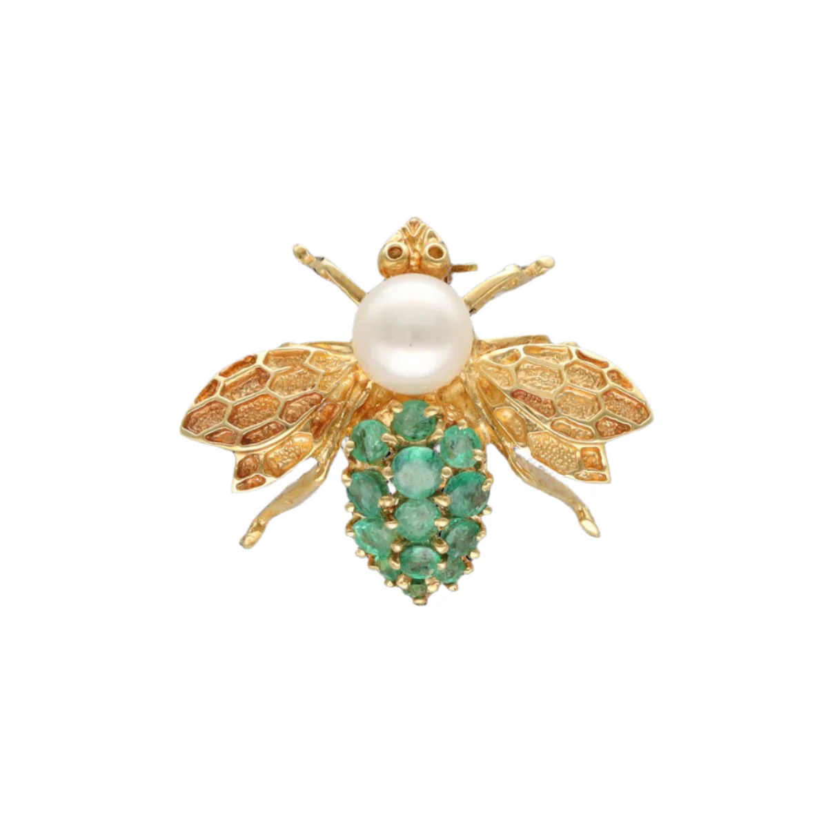 Broche Épingle "Abeille" en or jaune, émeraudes et perle de culture