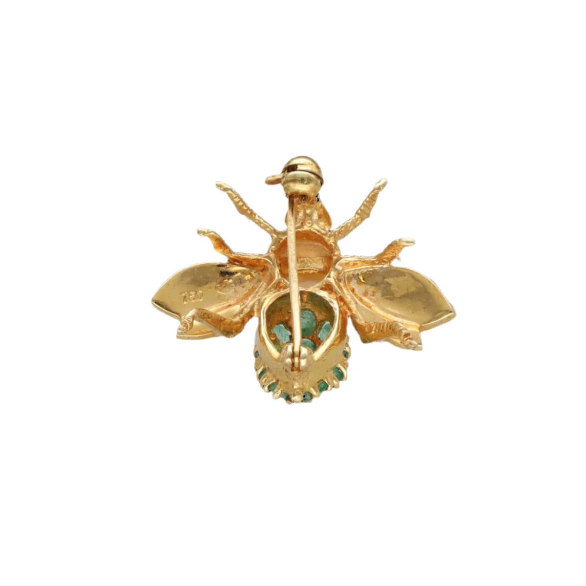 Broche Épingle "Abeille" en or jaune, émeraudes et perle de culture - Image 3