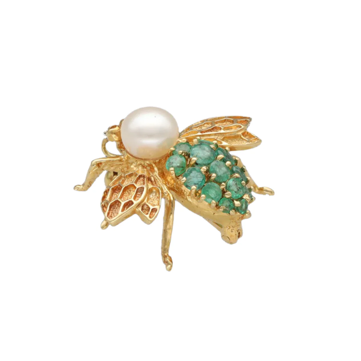 Broche Épingle "Abeille" en or jaune, émeraudes et perle de culture - Image 4