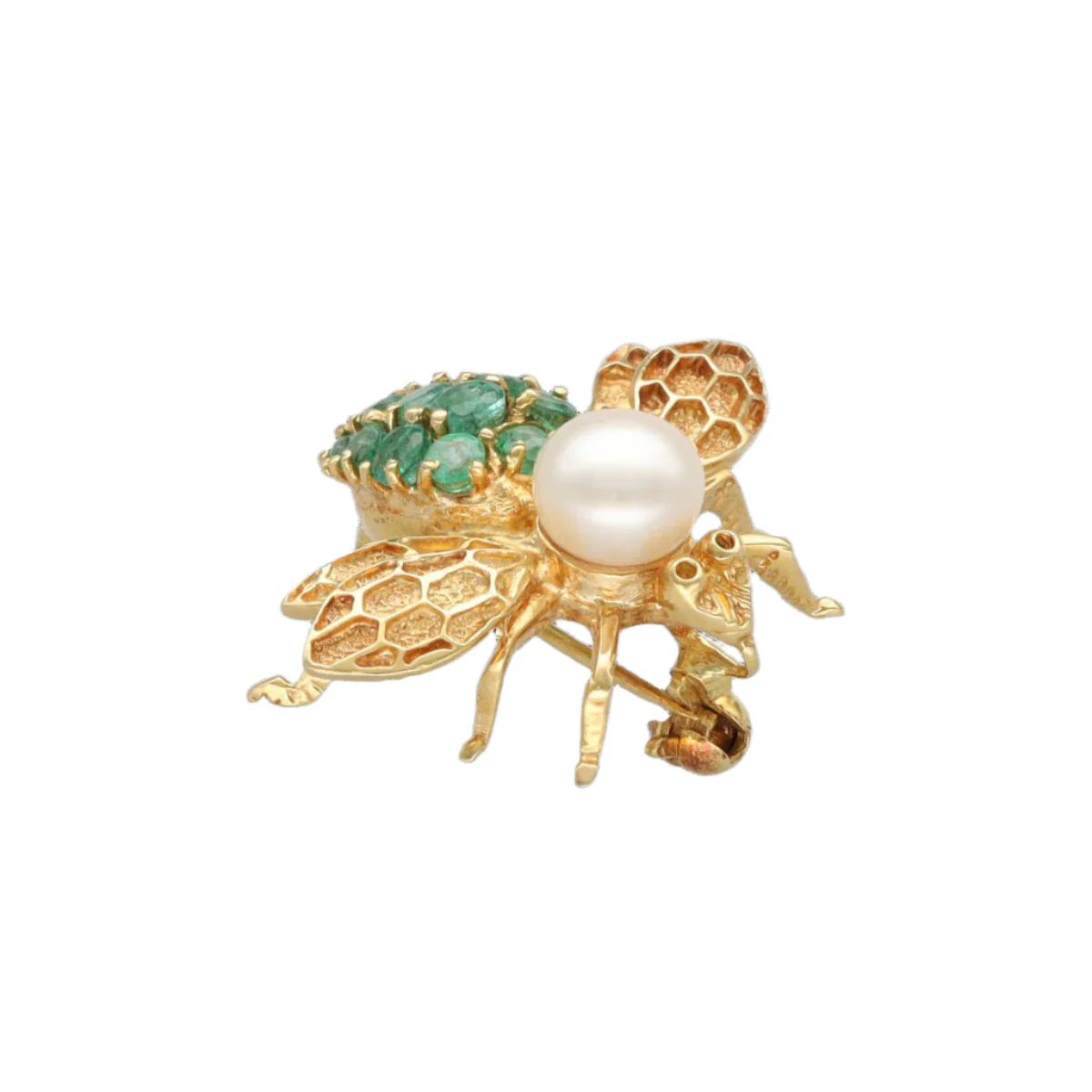 Broche Épingle "Abeille" en or jaune, émeraudes et perle de culture - Image 5